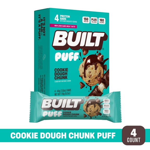 BUILT Puff Protein Bar, Cookie Dough Chunk, 15g Protein, Collagen, 160 Calories, 4 Count Box, 1.55 oz Bars