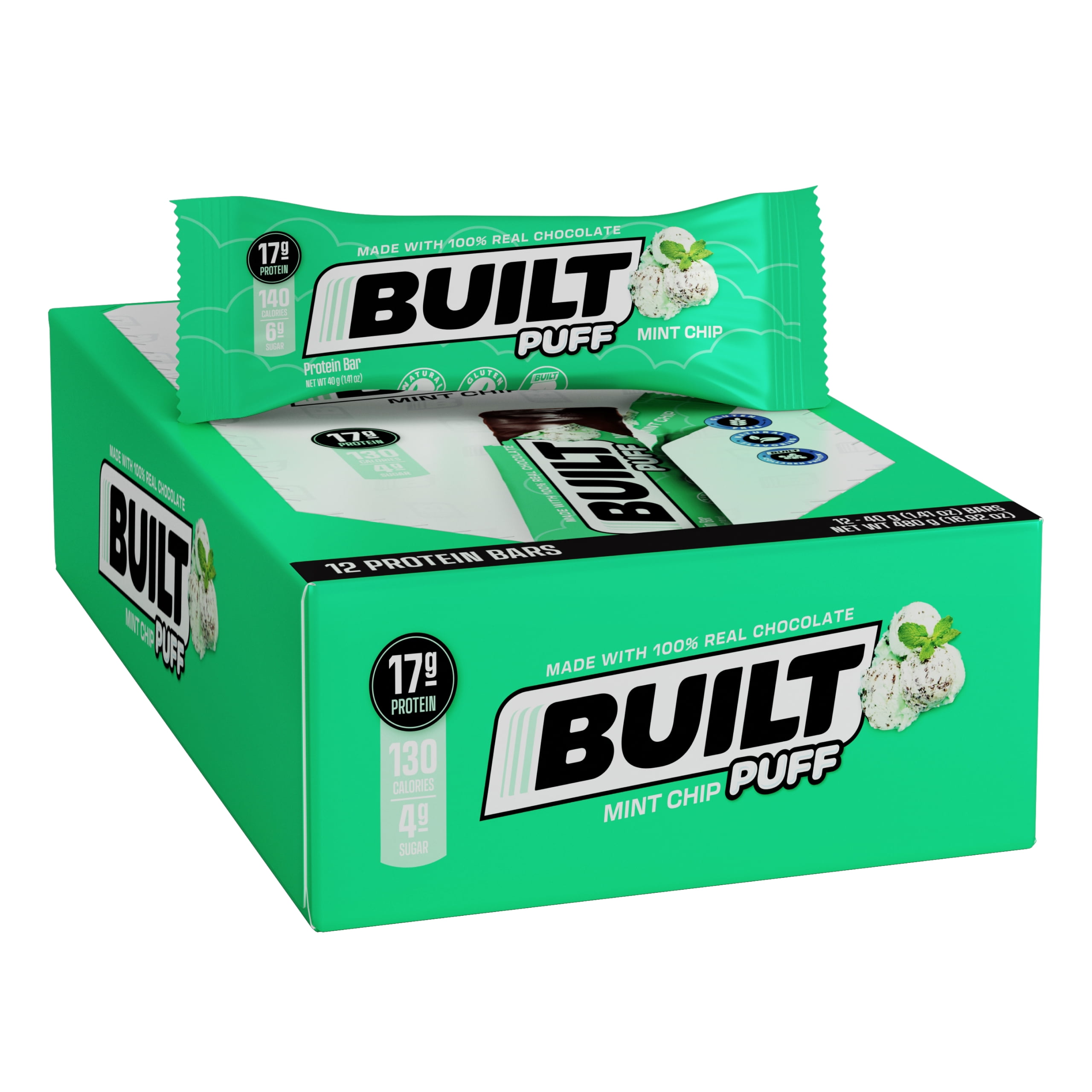 BUILT Bar Puff Protein Bar, Collagen, Gluten Free, Low Sugar, Mint Chip