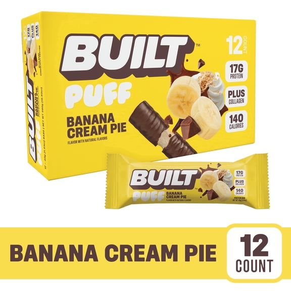 BUILT Bar Puff Protein Snack Bars, 17g Protein, Banana Cream Pie, Gluten Free - 12 Pack