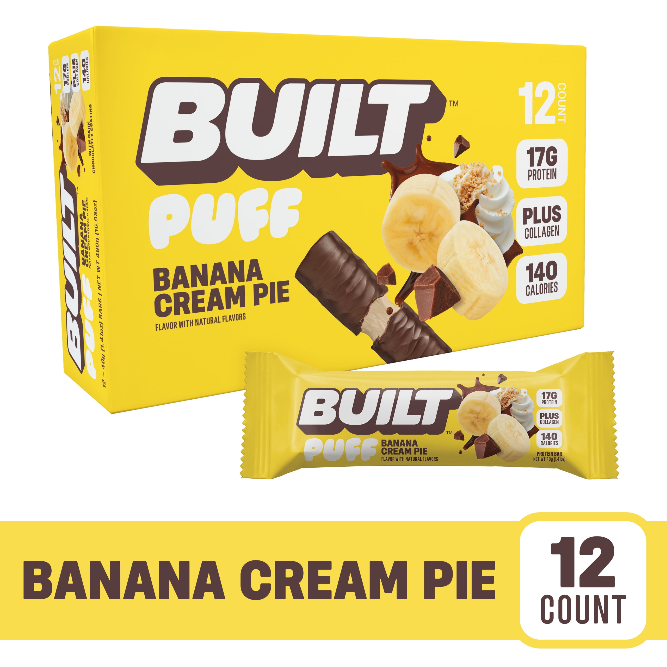 BUILT Bar, Puff Protein Snack Bars, Banana Cream Pie, 17g Protein, Collagen, Gluten Free, 12ct Box