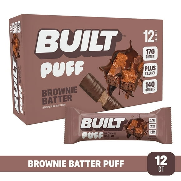 BUILT Bar, Puff Protein Snack Bars, Brownie Batter, 17g Protein, Collagen, Gluten Free, 12ct Box
