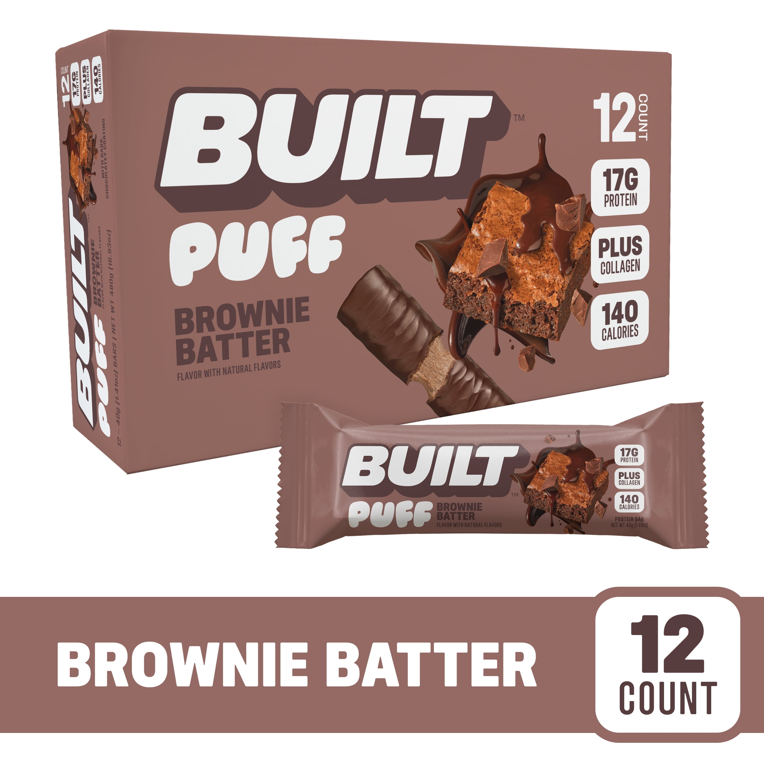 BUILT Bar, Puff Protein Snack Bars, Brownie Batter, 17g Protein, Collagen, Gluten Free, 12ct Box