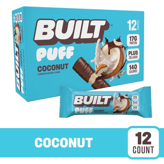BUILT Bar Puff Protein Snack Bars, 17g Protein, Coconut Puff, Gluten Free - 12 Pack