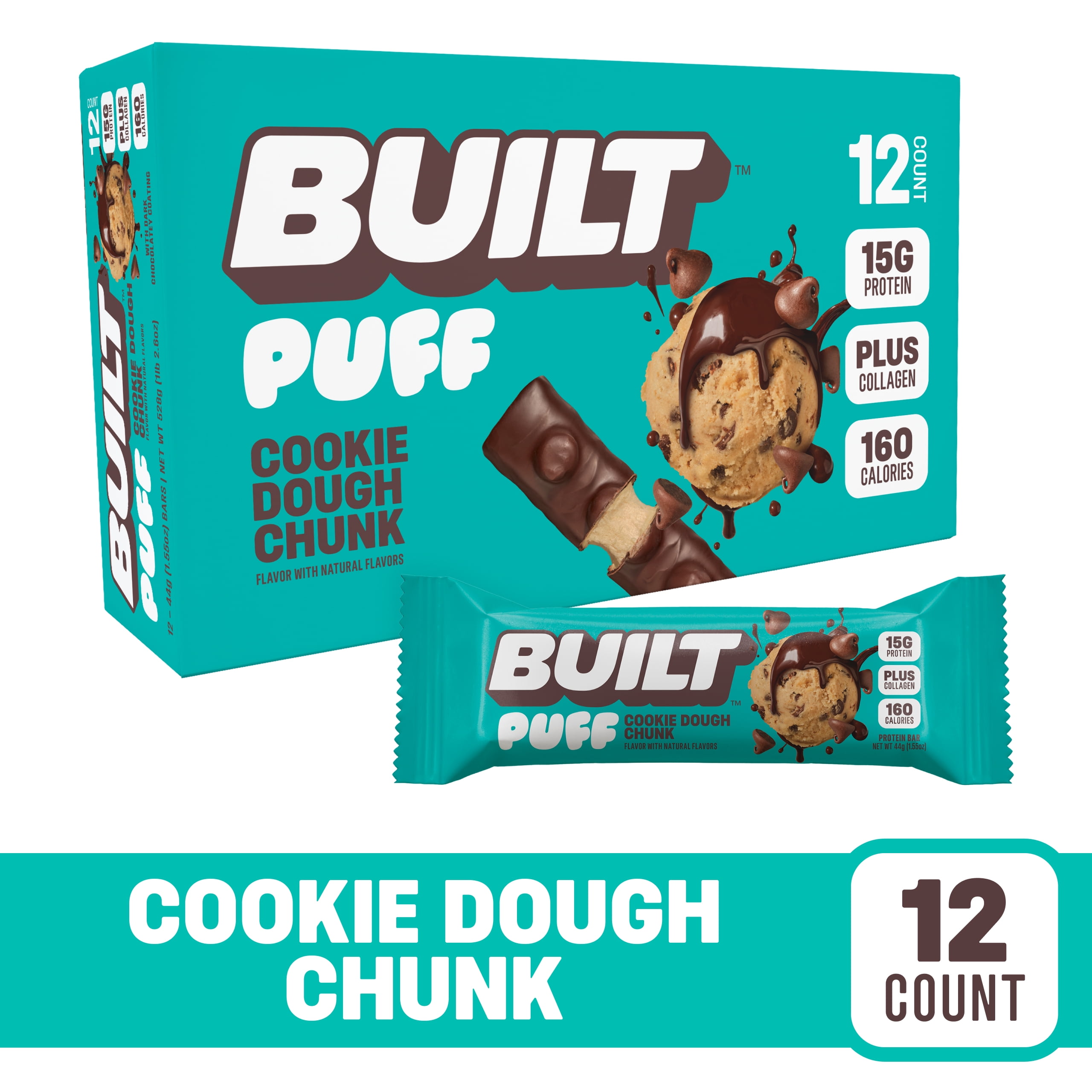 BUILT Bar, Puff Protein Snack Bars, Cookie Dough Chunk, 17g Protein, Collagen, Not Gluten Free, 12ct Box