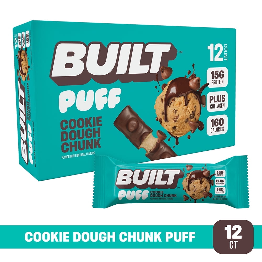 BUILT Bar, Puff Protein Bars, Cookie Dough Chunk, High Protein, Collagen, Not Gluten Free, 12 Count