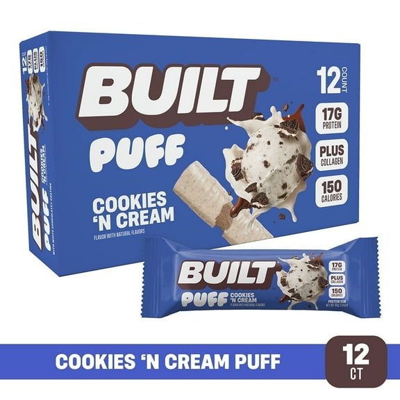 BUILT Bar, Puff Protein Snack Bars, Cookies 'N Cream, 17g Protein Collagen, Not Gluten Free, 12ct Box