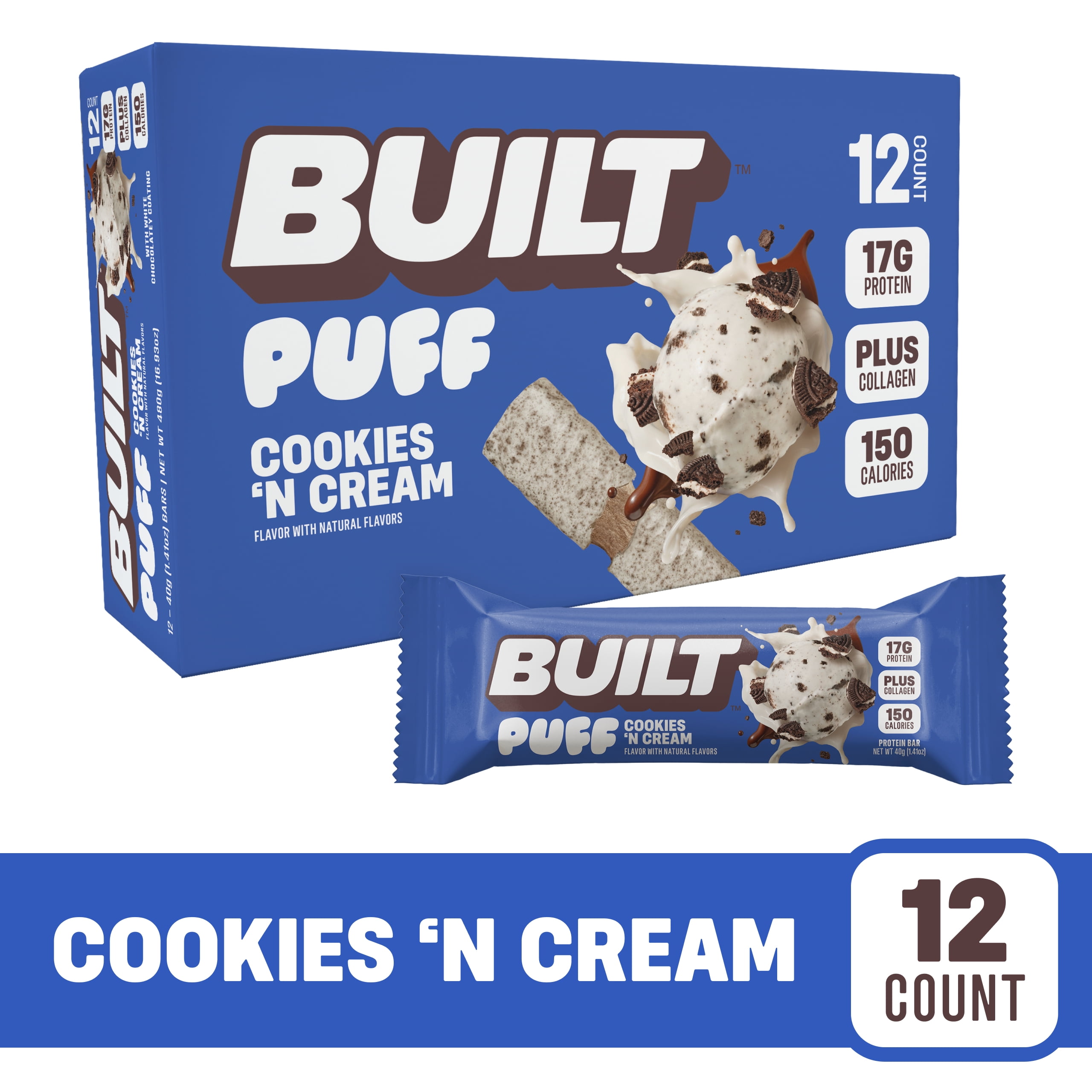 BUILT Bar, Puff Protein Snack Bars, Cookies 'N Cream, 17g Protein Collagen, Not Gluten Free, 12ct Box