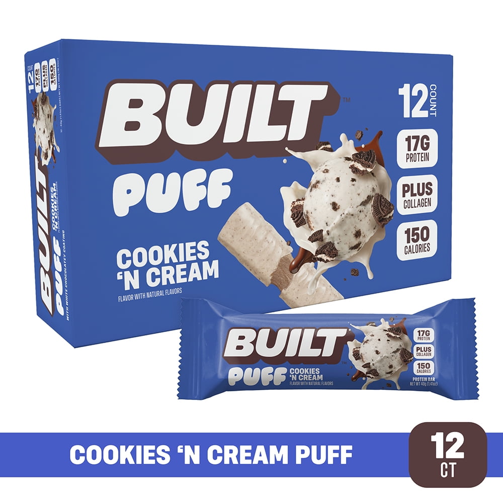 BUILT Bar, Puff Protein Bars, Cookies 'N Cream, High Protein, Collagen, Not Gluten Free, 12 Count