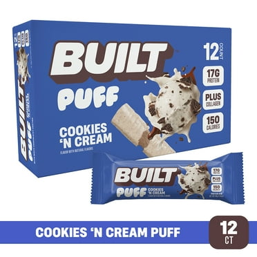 BUILT Bar, Puff Protein Bars, Cookies 'N Cream, High Protein, Collagen, Not Gluten Free, 12 Count