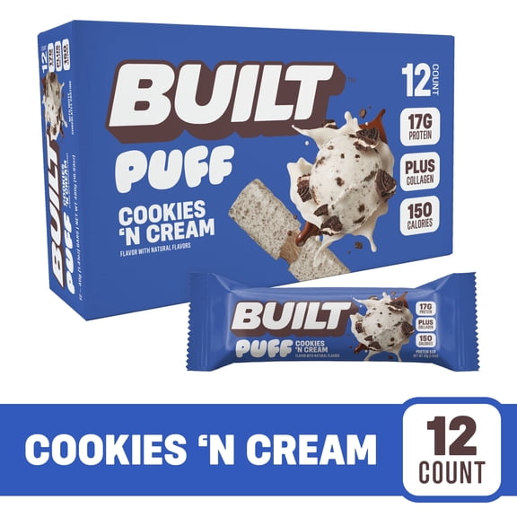 BUILT Bar Puff Protein Snack Bars, 17g Protein, Cookies N Cream, No Gluten Free - 12 Pack