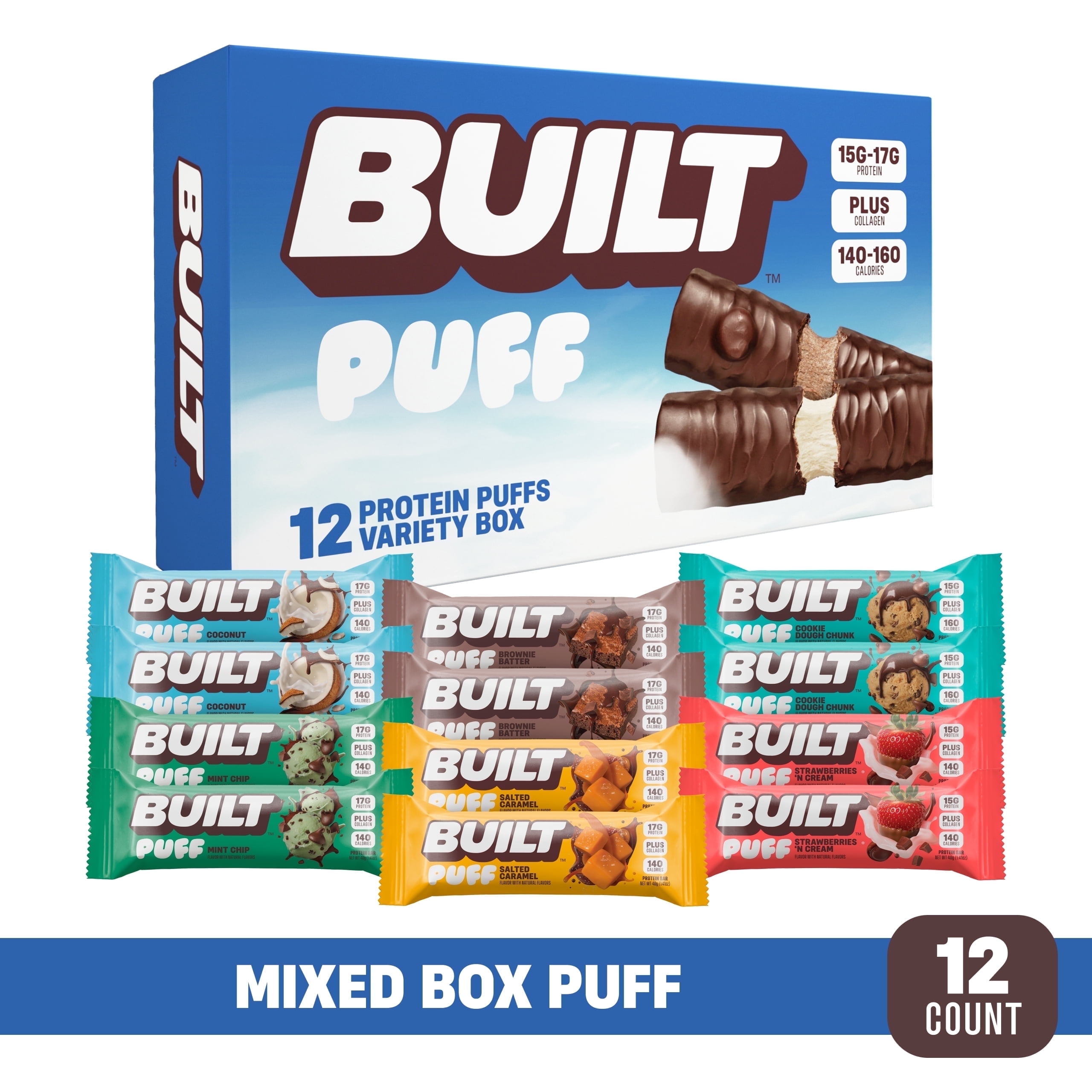 BUILT Bar, Puff Protein Snack Bars, Protein, Collagen, Variety Pack, Sample Mix Box, 12ct Box