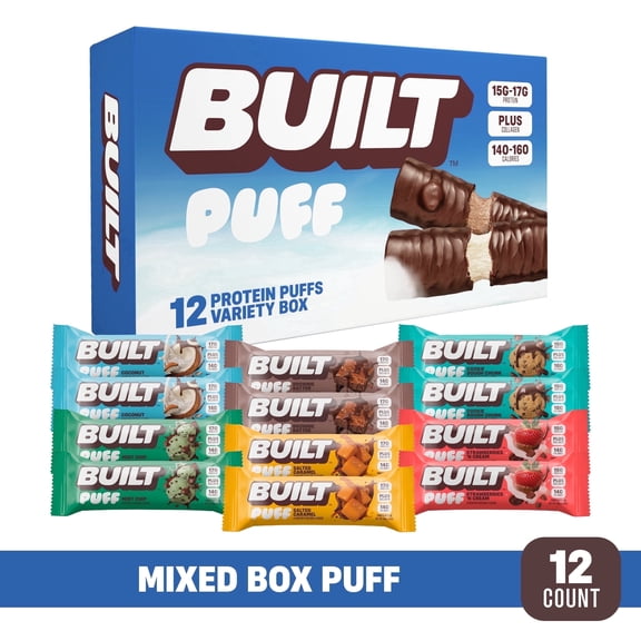 BUILT Bar Puff Protein Snack Bars, Protein Variety Pack, Breakfast Bars & Snacks - 12 Pack