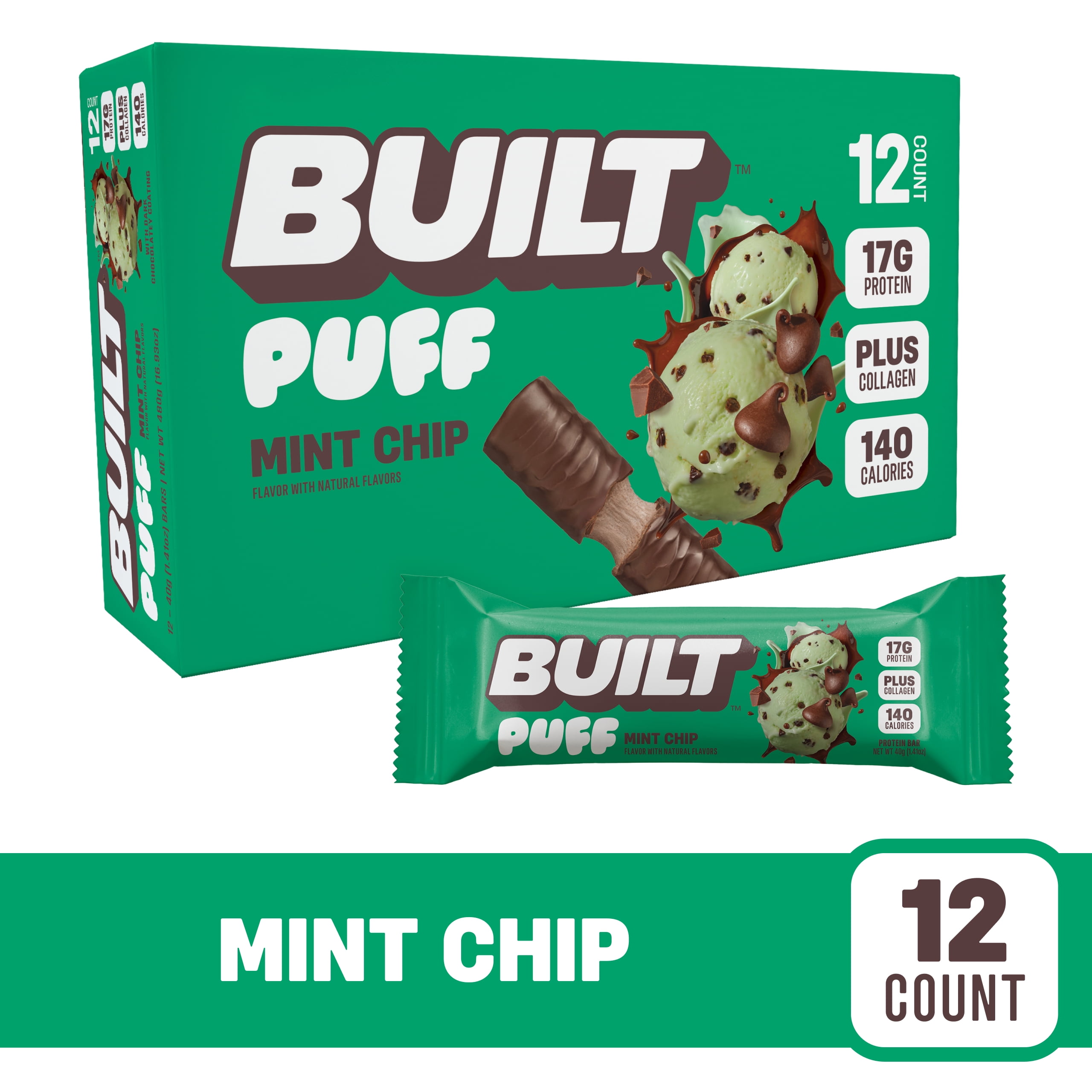 BUILT Bar, Puff Protein Snack Bars, Mint Chip, 17g Protein, Collagen, Gluten Free, 12ct Box