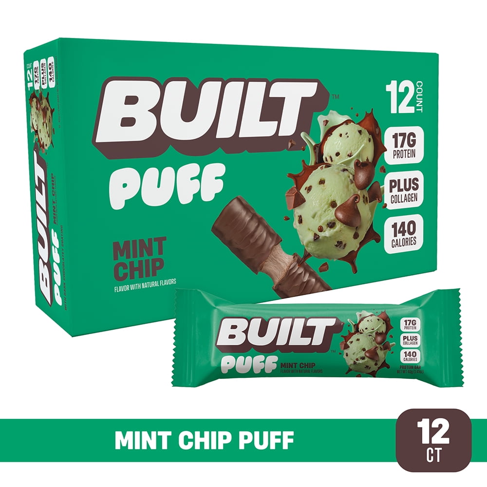 BUILT Bar, Puff Protein Bars, Mint Chip, High Protein, Collagen, Gluten Free, 12 Count