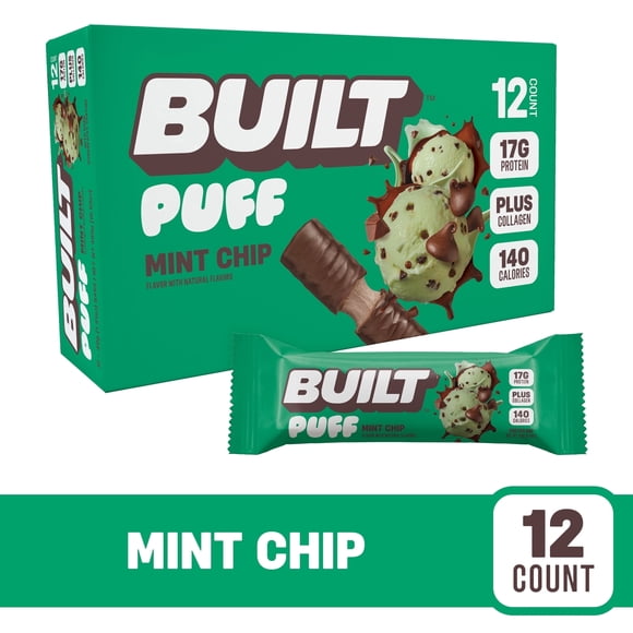 BUILT Bar Puff Protein Snack Bars, 17g Protein, Mint Chip Puff, Gluten Free - 12 Pack