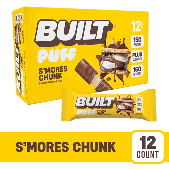 BUILT Bar Puff Protein Snack Bars, 15g Protein, S'mores Chunk, No Gluten Free - 12 Pack