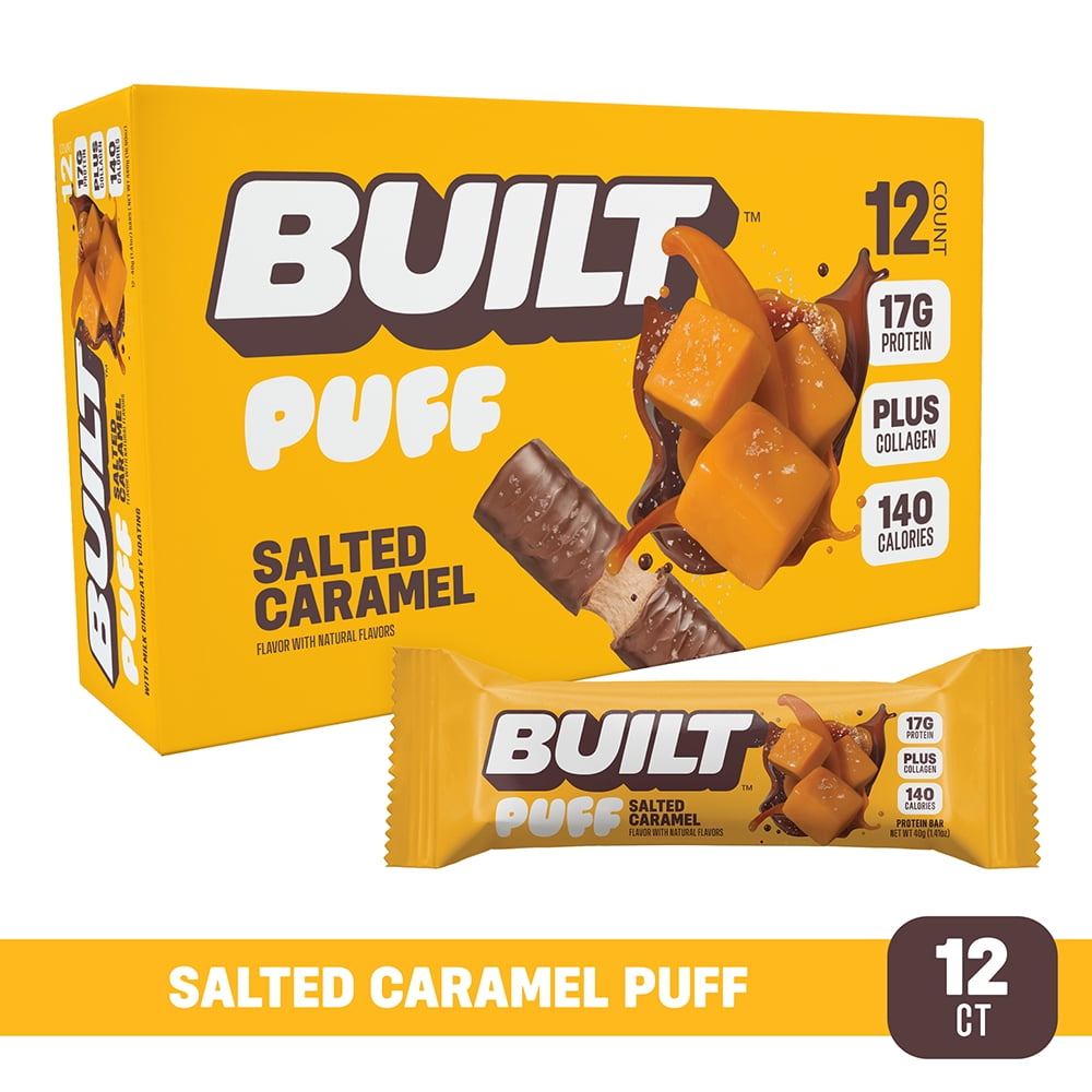 BUILT Bar, Puff Protein Bars, Salted Caramel Puff, High Protein, Collagen, Gluten Free, 12 Count