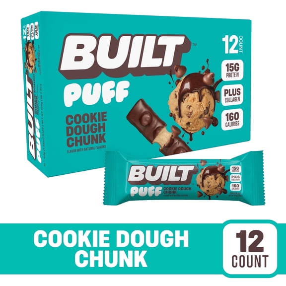 BUILT Bar Puff Protein Snack Bars, 15g Protein, Cookie Dough Chunk, No Gluten Free - 12 Pack