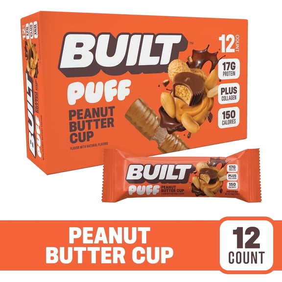 BUILT Bar Puff Protein Snack Bars, 17g Protein, Peanut Butter Cup, Gluten Free - 12 Pack