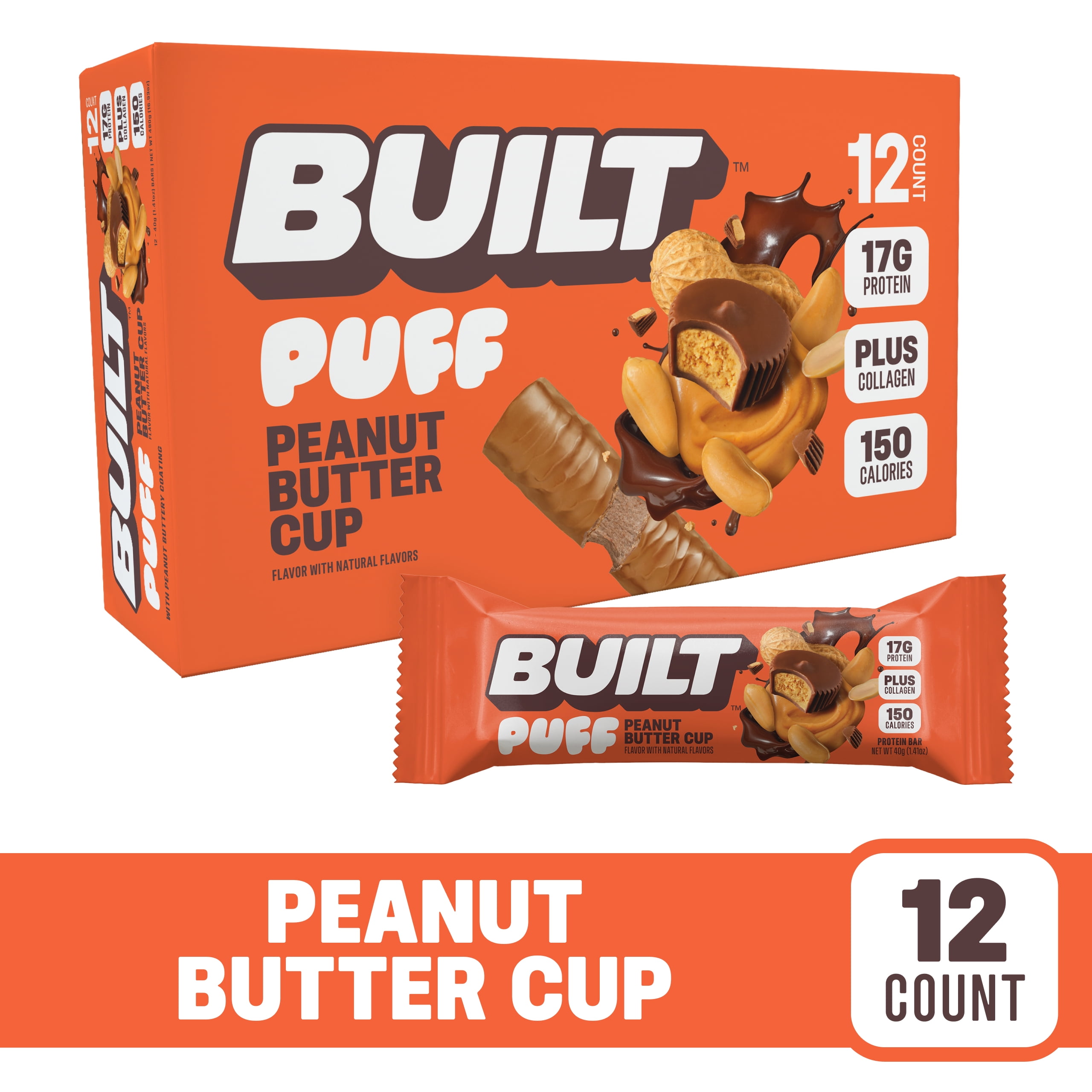 Walmart Saving of  BUILT Bar, Puff Protein Snack Bars, Peanut Butter Cup, On-The-Go Bars, 17g Protein, Only 150 Calories, 6g Sugar, Plus Collagen, Gluten Free, 12 Count