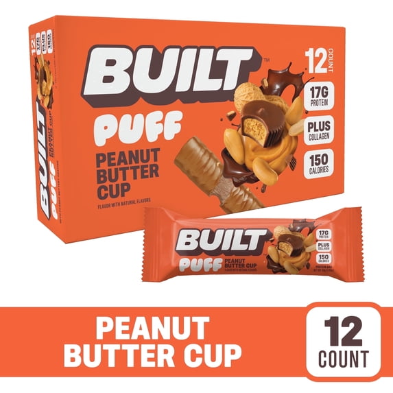 BUILT Bar Puff Protein Snack Bars, 17g Protein, Peanut Butter Cup, Gluten Free - 12 Pack