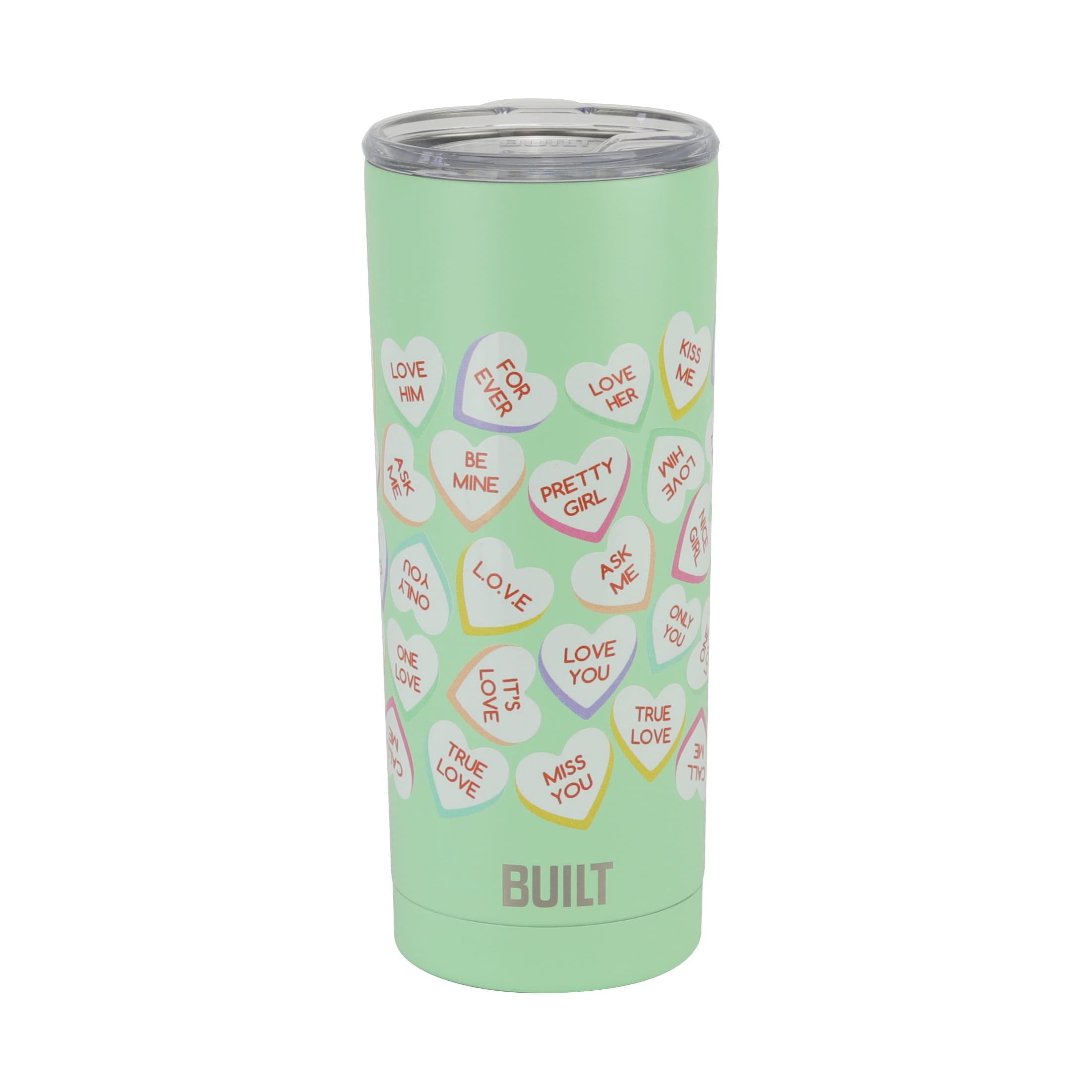 BUILT Valentine's Day Insulated Stainless Steel 20 oz Tumbler Green Conversation Hearts