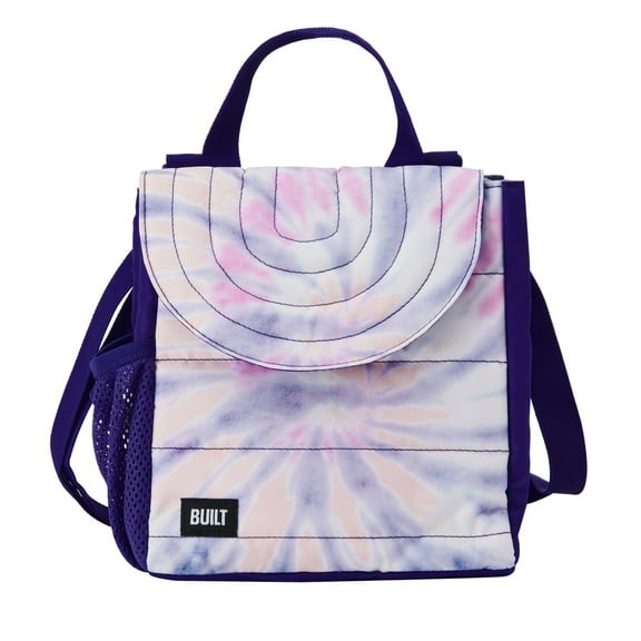 BUILT Insulated Reusable Polyester Kids Lunch Box Puffer Bag with Side Pocket, Tie Dye Purple