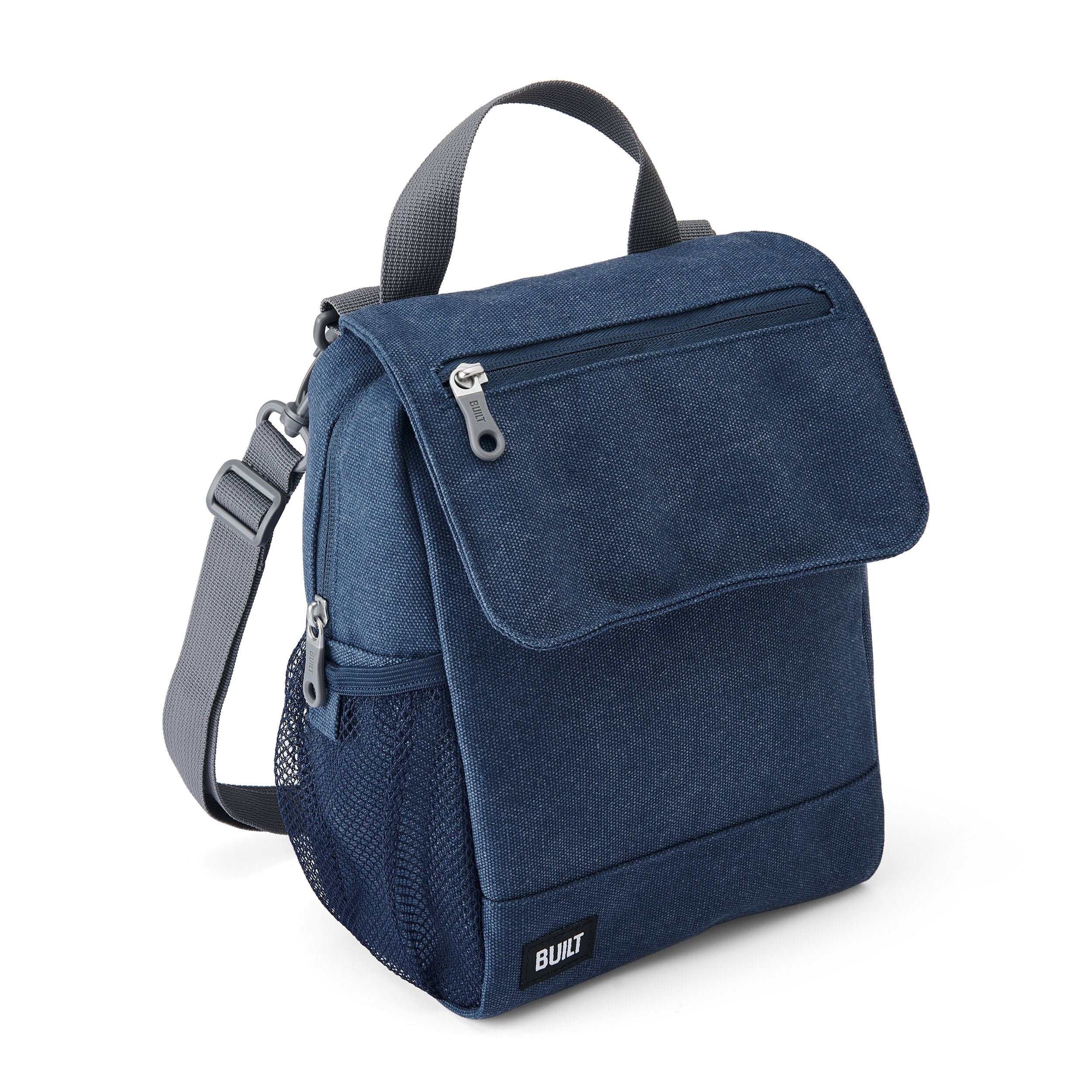 BUILT Oxford 4.84 qt Insulated Adult Reusable Lunch Sack with Crossbody Strap Navy