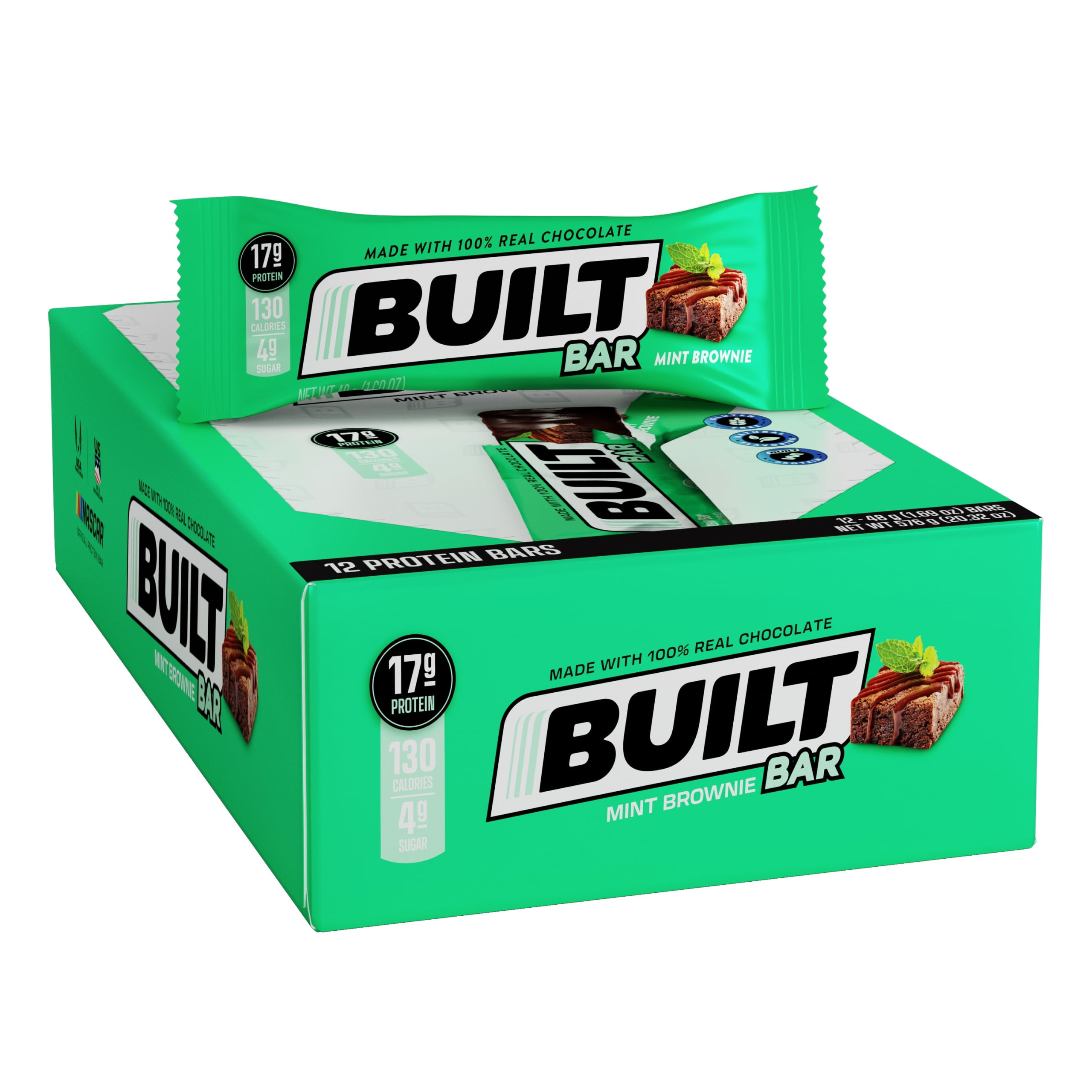 BUILT Protein Bar, Mint Brownie, 17g High Protein, Gluten Free, 12