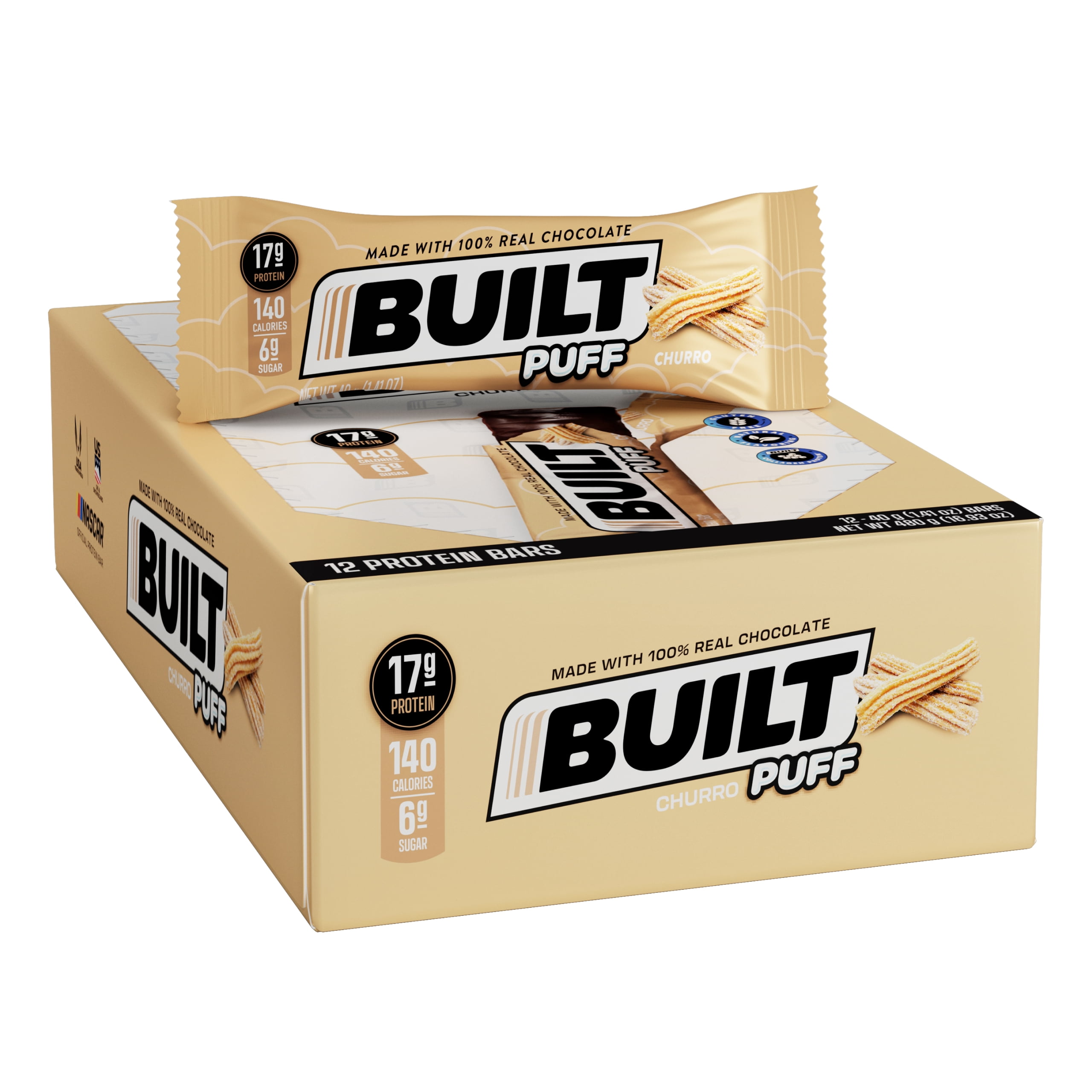 BUILT Bar Puff Protein Bar with 17g High Protein and Collagen, Gluten-Free, Churro Puff - 12 Count