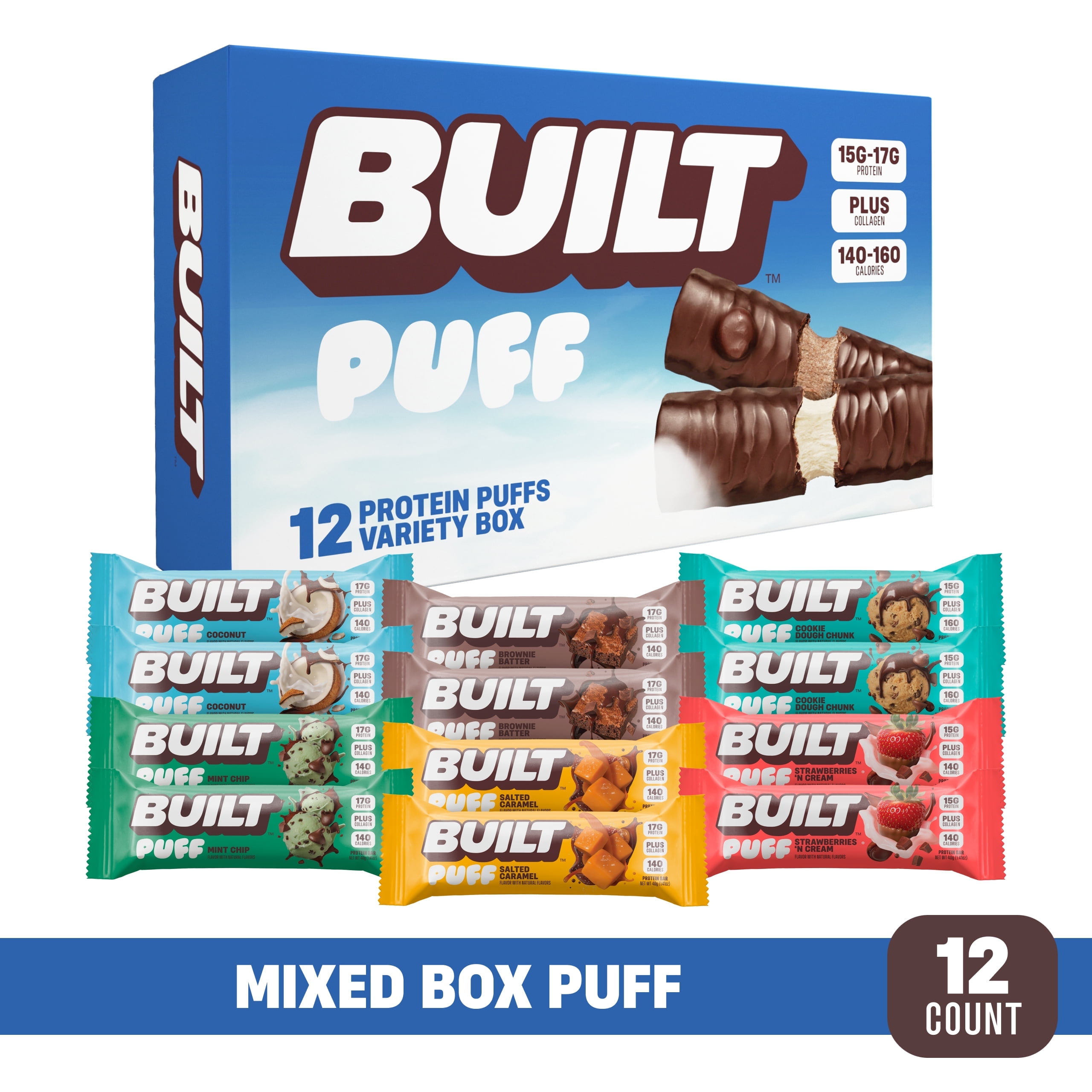 BUILT Bar, Puff Protein Bars, High Protein, Collagen, Variety Pack