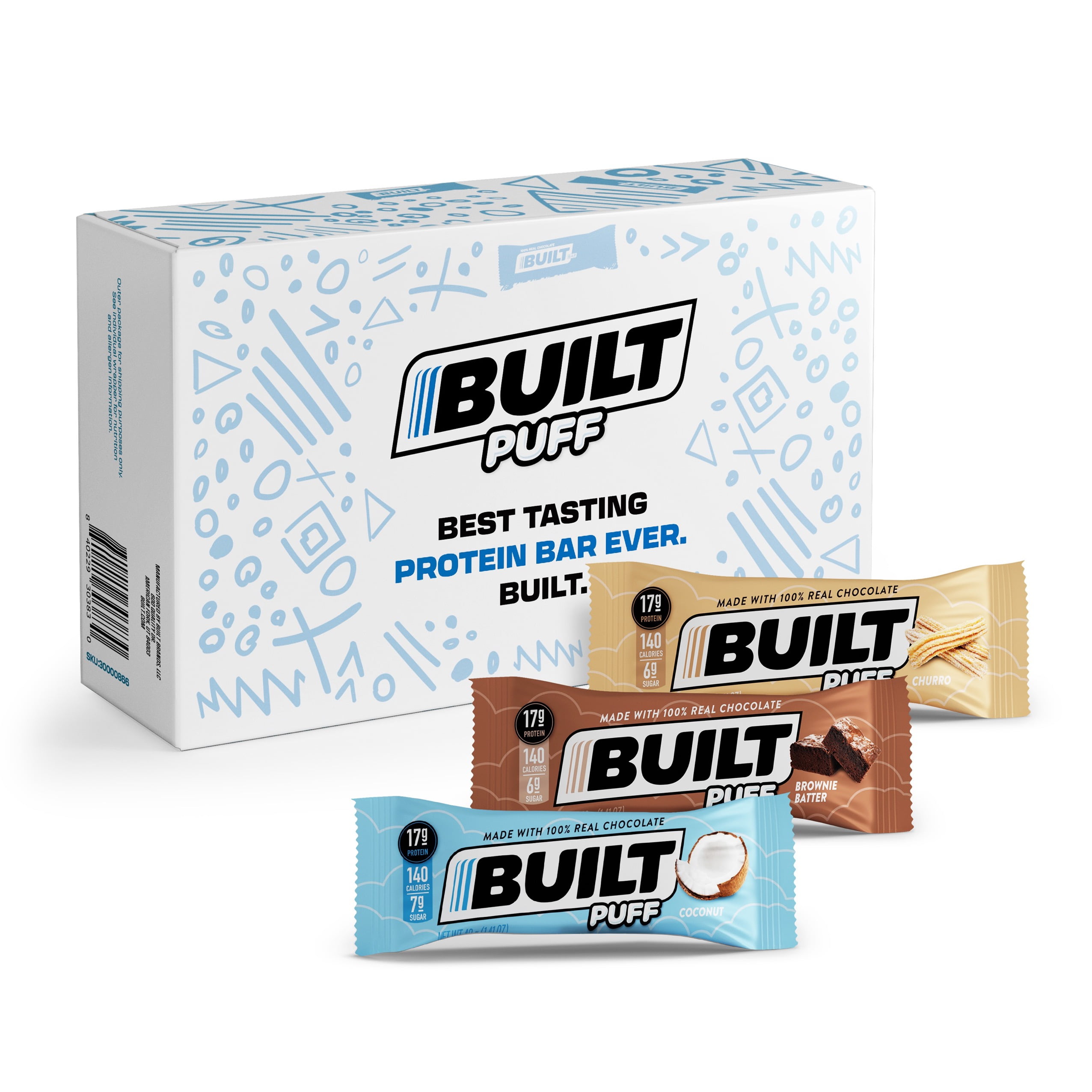 BUILT Puff Protein Bar, Collagen, Gluten Free, Low Sugar, Variety Box, 12Ct