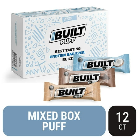 BUILT Puff Protein Bar, Collagen, Gluten Free, Low Sugar, Variety Box, 12Ct