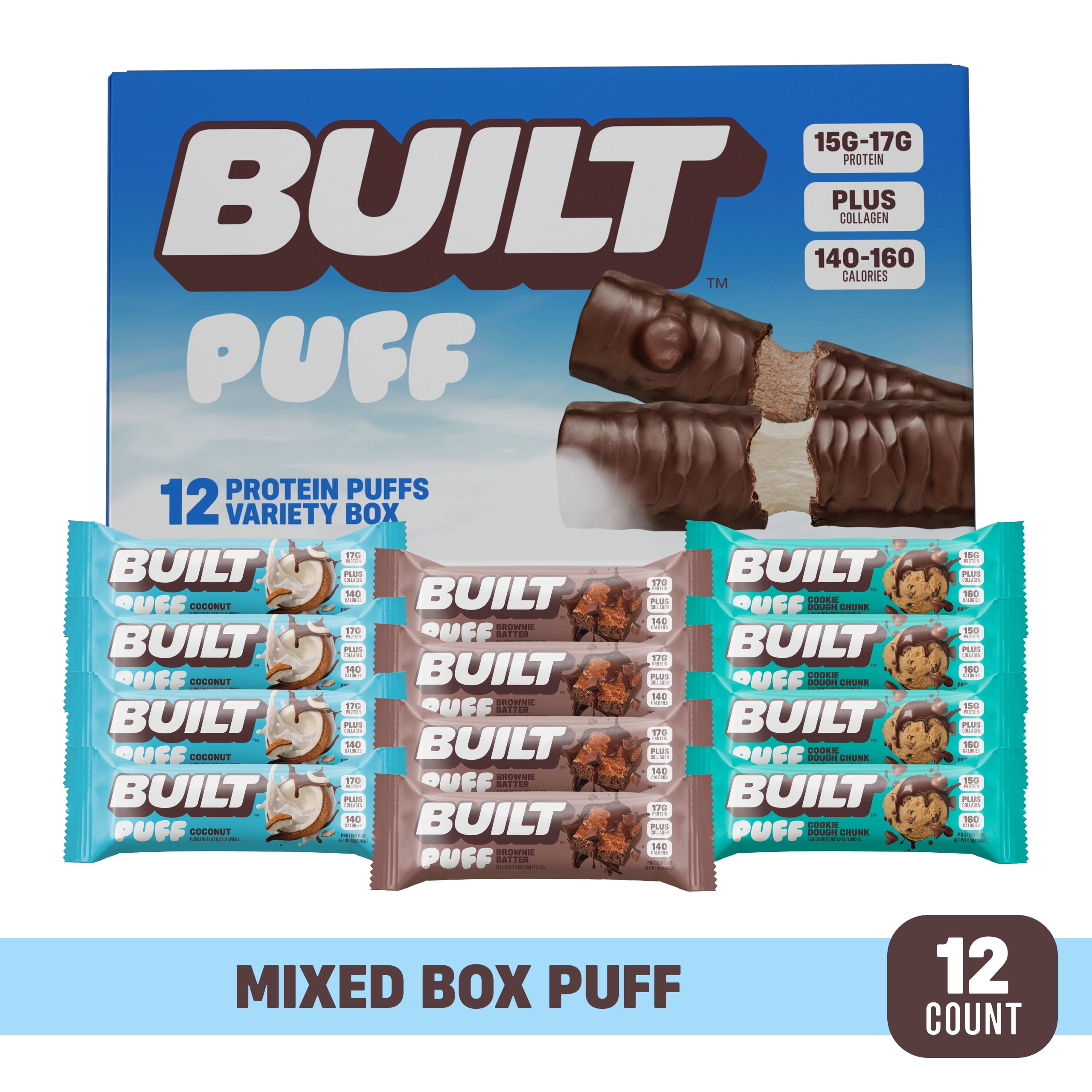BUILT Bar, Puff Protein Bars, High Protein, Collagen, Variety Pack