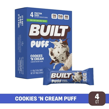 BUILT Puff Protein Bar, Cookies N' Cream, 17g Protein, Collagen, 150 Calories, 4 Count Box, 1.41 oz Bars