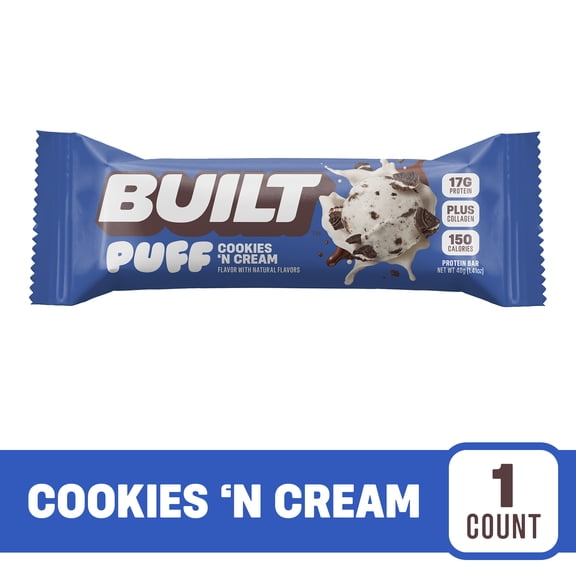 BUILT Puff Protein Bar, Cookies N' Cream, 17g Protein, Collagen, 150 Calories, Single 1.41 oz Bar