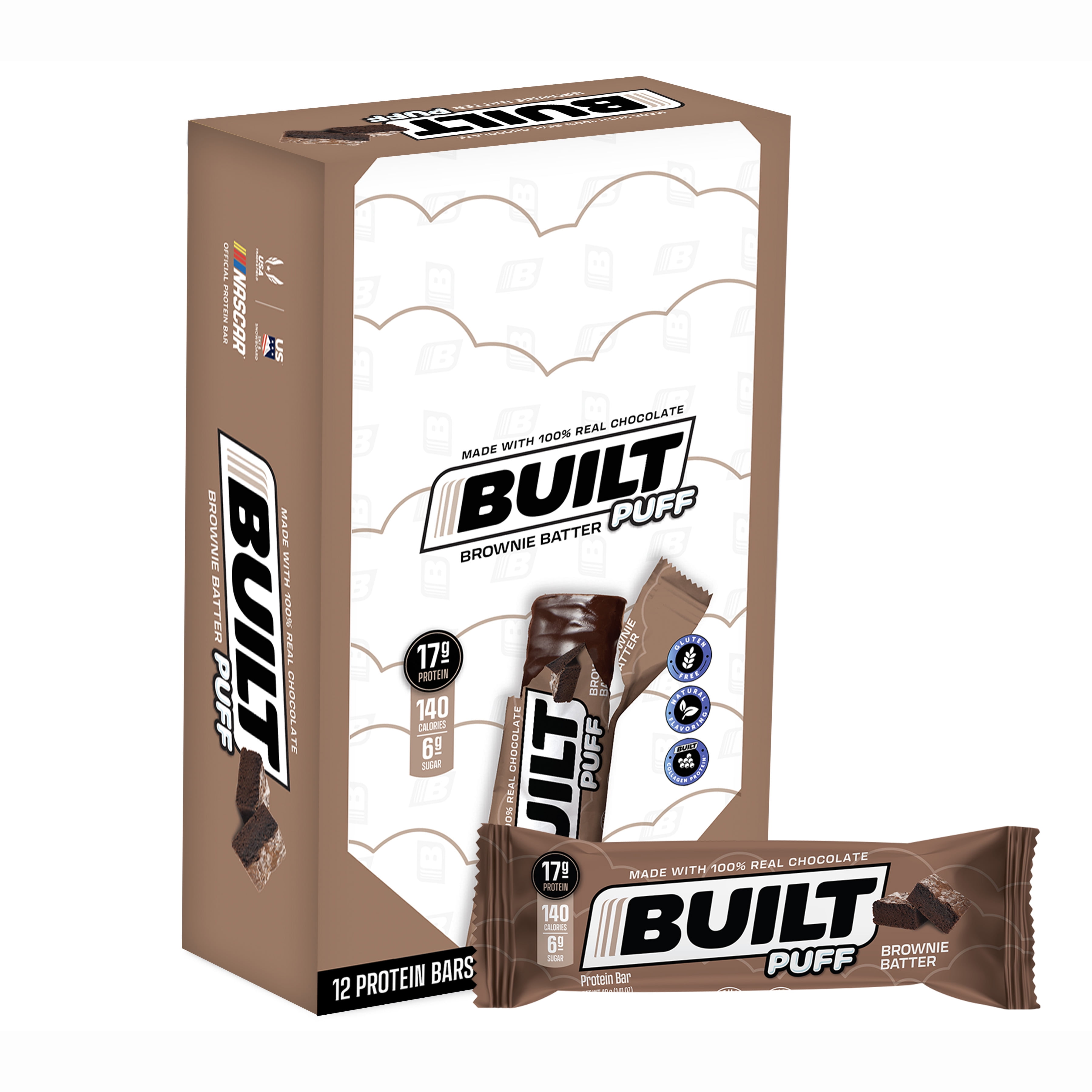 BUILT Puff Protein Bar, Gluten Free, Low Sugar, Brownie Batter, 12 Ct