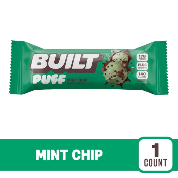 BUILT Puff Protein Bar, Mint Chip, 17g Protein, Collagen, 140 Calories, Single 1.41 oz Bar