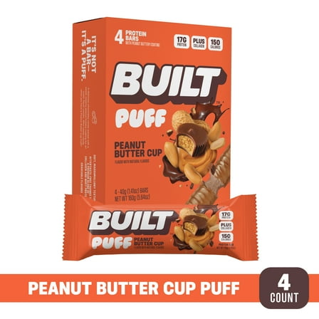 BUILT Puff Protein Bar, Peanut Butter Cup, 15g Protein, Collagen, 150 Calories, 4 Count Box, 1.55 oz Bars