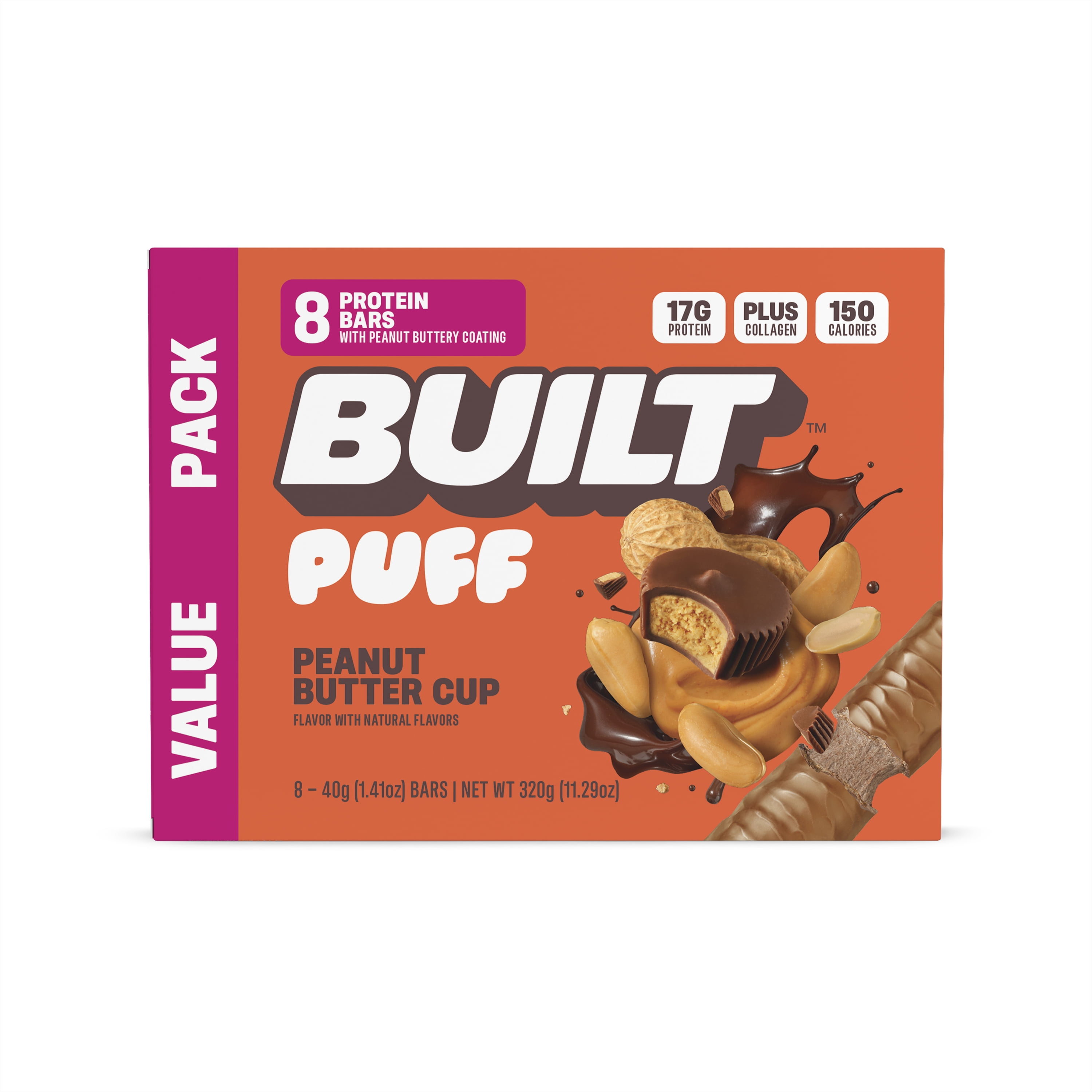 BUILT Puff Protein Bar, Peanut Butter Cup, 17g Protein, Collagen, 150 Calories, 8 Count Box, 1.41 oz Bars