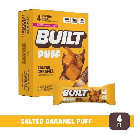 BUILT Puff Protein Bar, Salted Caramel, 17g Protein, Collagen, 140 Calories, 4 Count Box, 1.41 oz Bars