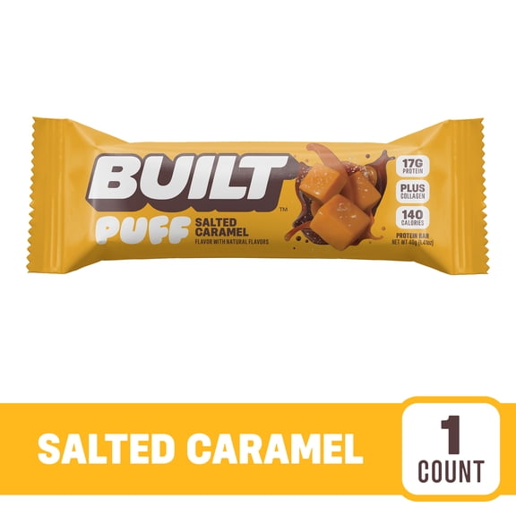 BUILT Puff Protein Bar, Salted Caramel, 17g Protein, Collagen, 140 Calories, Single 1.41 oz Bar