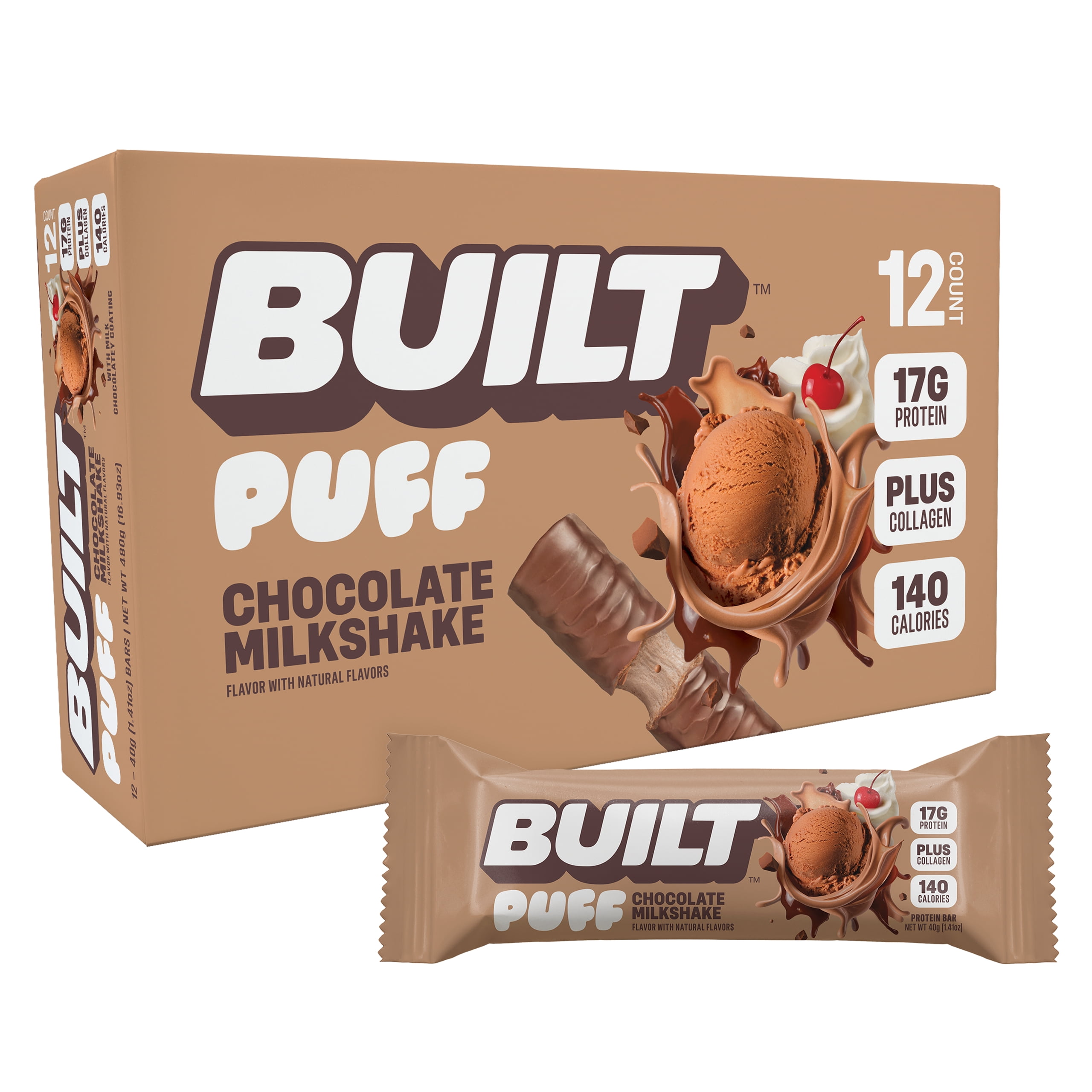 Walmart Deals of Built Bar Puff Protein Bars, Chocolate Milkshake, Collagen, On-the-go Snacks, Gluten Free, 12 Pack