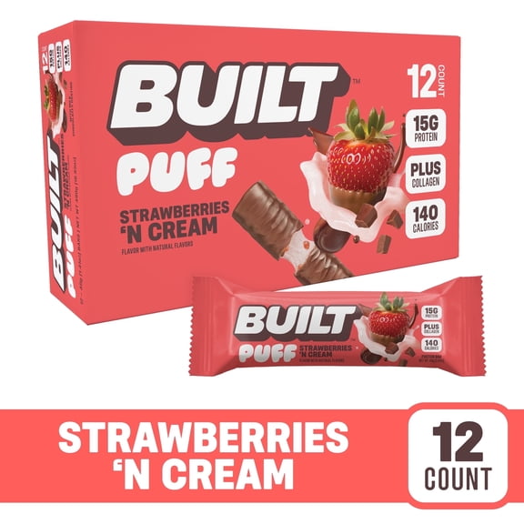 BUILT Bar Puff Protein Snack Bars, 15g Protein, Strawberries N Cream, Gluten Free, 12 Pack