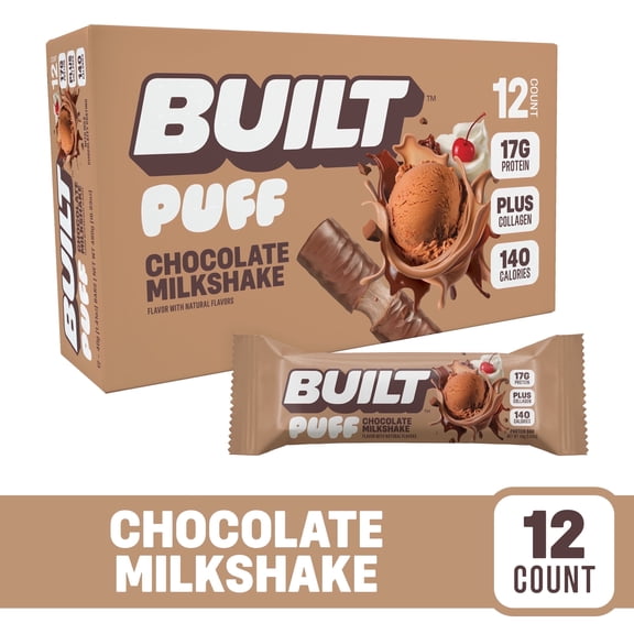 BUILT Bar Puff Protein Snack Bars, 17g Protein, Chocolate Milkshake, Gluten Free - 12 Pack