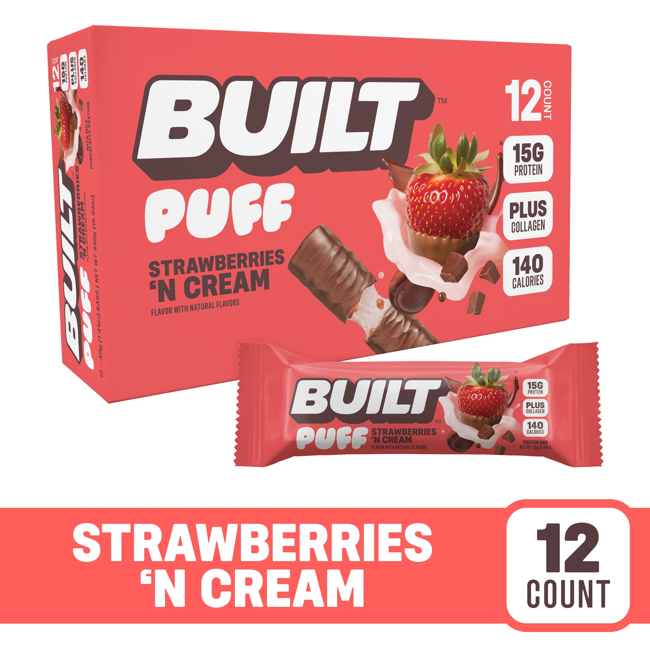BUILT Bar, Puff Protein Snack Bars, Strawberries 'N Cream, 15g Protein, Collagen 12ct Box