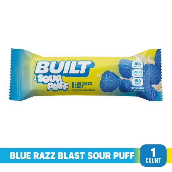 BUILT Sour Puff Protein Bar, Blue Razz Blast, 16g Protein, Collagen, 150 Calories, Single 1.45 oz Bar