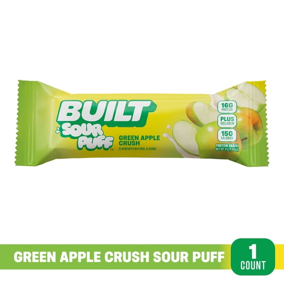 BUILT Sour Puff Protein Bar, Green Apple Crush, 16g Protein, Collagen, 150 Calories, Single 1.45 oz Bar