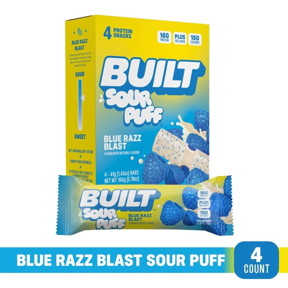 BUILT Sour Puff Protein Bar, Blue Razz Blast, 16g Protein, Collagen, 150 Calories, 4 Count Box, 1.45 oz Bars