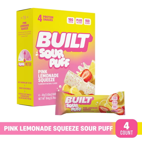 BUILT Sour Puff Protein Bar, Pink Lemonade, 16g Protein, Collagen, 150 Calories, 4 Count Box, 1.45 oz Bars
